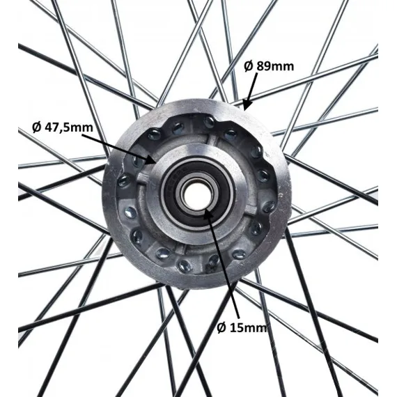 Ráfek pitbike 14" Přední (1.40-14), osa 15mm, stříbrný střed